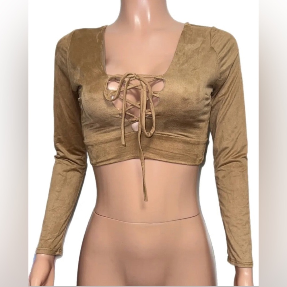 Tan Soft Suede feel Lace up Fitted Stretchy L/S crop Cropped Top Hip Costume New